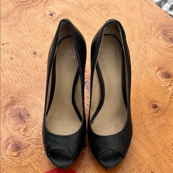 Saks Fifth Avenue Black Leather Peep Toe Wooden Stiletto Heels - Picture 2 of 3